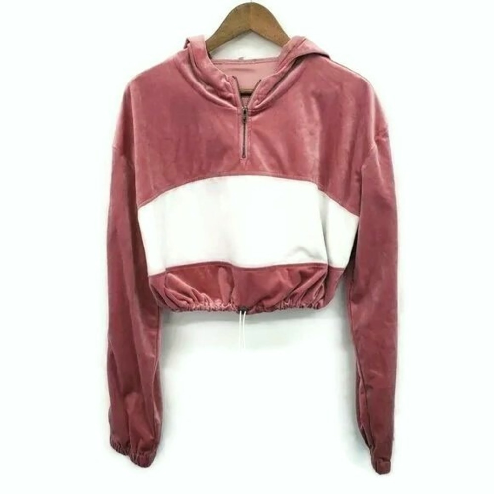 Cropped Velvet Hoodie Pink White‎ Drawstring Pullover Zip 1X Y2K Athleisure